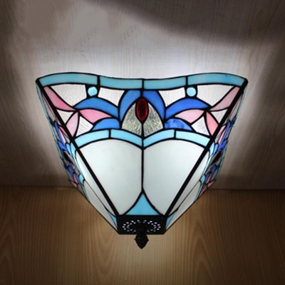 Colorful Flower Pattern 2-Light Square Flushmount Ceiling Light in Tiffany Stained Glass Style