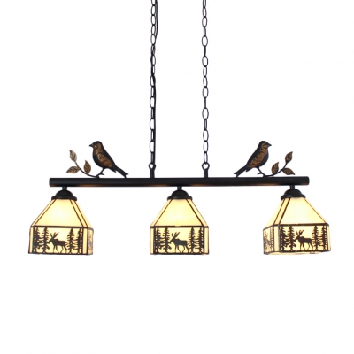 

Elk Pattern Lodge Shade 3-Light Tiffany Island Pendant with Birds&Leaves Decorations, HL488872