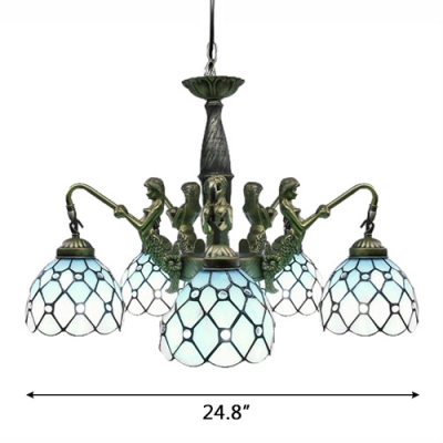 Mermaid Supported 24 Inch Five-light Chandelier in Tiffany Stained Glass Style