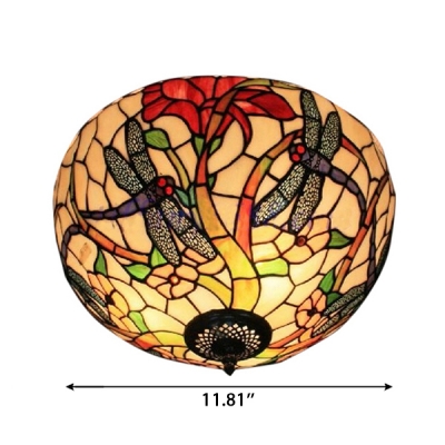 Multicolored Dragonfly and Floral Flush Mount Ceiling Light with Tiffany Style Art Glass, 2 Light