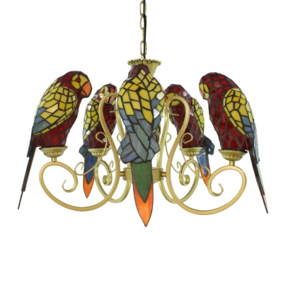 Tiffany Stained Glass 5-Bulb Red/Yellow Parrot Shade Chandelier in Brass Finish