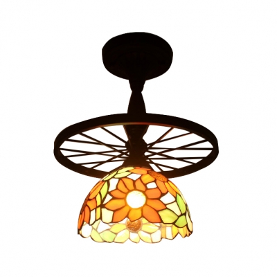 Tiffany Stained Glass Dome Shade Semi Flush Ceiling Light with Vintage Wheel Decor 15.35