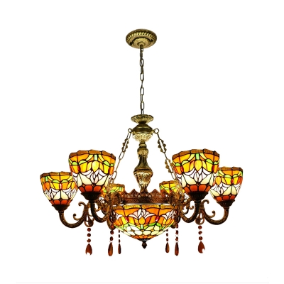 Tiffany Stained Glass Tulip Pattern 6-Arm Inverted Chandelier with Amber Crystal Droplets
