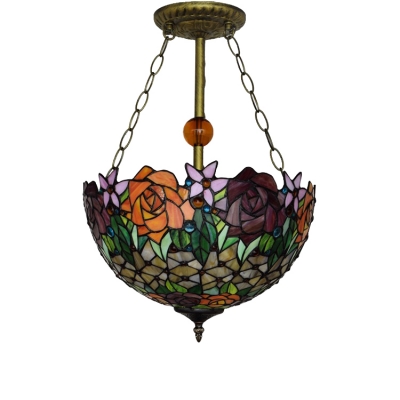 Various Flower Tiffany Inverted Hanging Light Fixture in Rural Style, 3 Light with 16