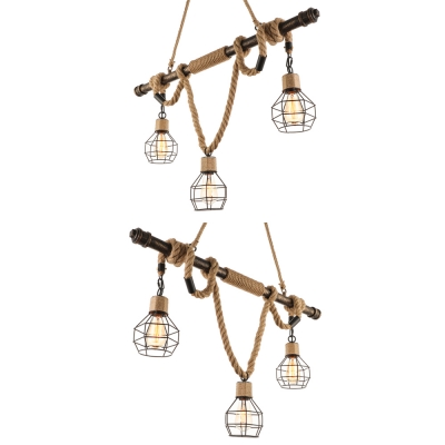 Antique Bronze Hemp Rope Chandelier Industrial Retro Linear 3 Light Pendant with Wire Cage