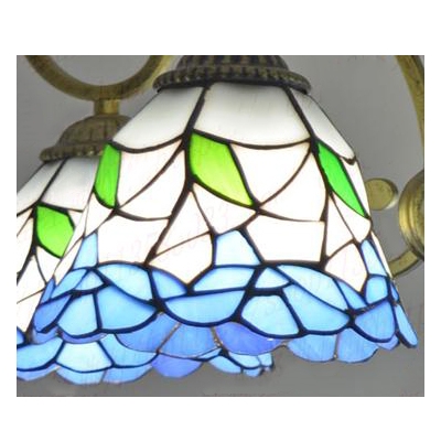 Blue Flower Patterned Shade Semi Flush Light Fixture with Cured Arms in Aged Brass Finish
