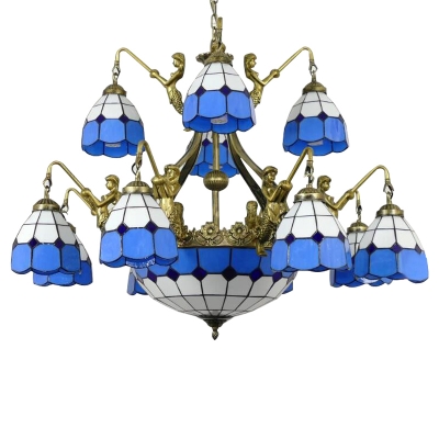 Mediterranean Style Blue&White Checkered Art Glass Chandelier with Bronze Finish Mermaid Arms