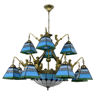 Orange/Blue Geometrical Square Shade&Center Bowl Chandelier with Old Brass Arms 38.58