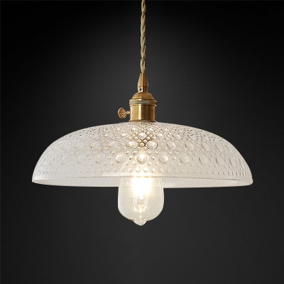 Dome Hanging Ceiling Lamp with Ripple Glass Shade Vintage Style 1 Head Pendant Light in Brass