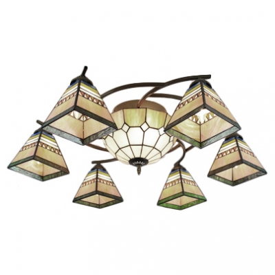 Yellow Geometric Patterned Center Bowl Ceiling Light Fixture with 6/8 Pyramid Shades for Living Room&Hotel Lobby