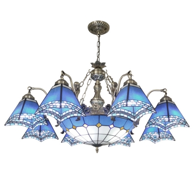 Blue Stained Glass Nautical Style Center Bowl Chandelier with Mermaid Arms in Nickel Finish