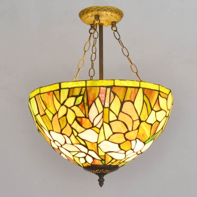 Tiffany Yellow Stained Glass Floral Theme Bowl Shade Hanging Light 15.75