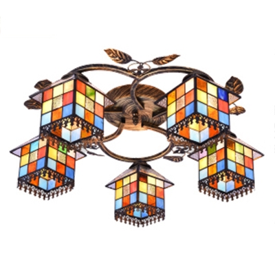 Art Glass Lodge Shade 3/5-Light Semi Flush Ceiling Fixture with Leaves Accent Distressed Bronze Canopy