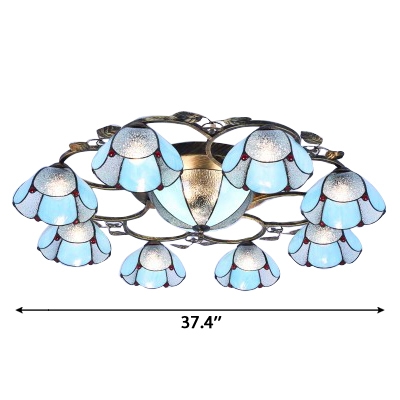 Nature Inspired Blue/Yellow Flower Shade Flush Mount Ceiling Light with Center Bowl for Living Room