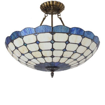 Dark Blue&Beige Circular Grid Bowl Shade Inverted Pendant Light for Bedroom 2 Sizes for Option