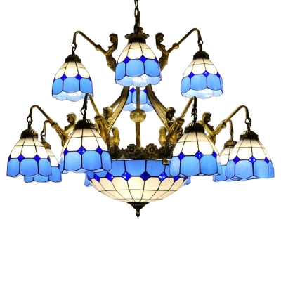 Mediterranean Style Blue&White Checkered Art Glass Chandelier with Bronze Finish Mermaid Arms