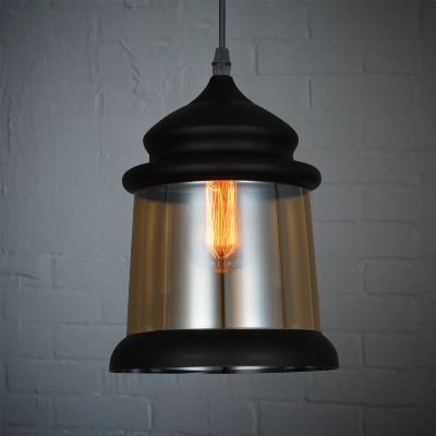 One Light Hanging Pendant with Amber Glass Vintage Style in Black (2 Designs for Choice)