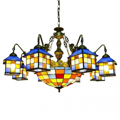 Lodge Style Tiffany Stained Glass House Designed Chandelier with Colorful Center Bowl and Mermaid Arms