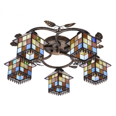 Art Glass Lodge Shade 3/5-Light Semi Flush Ceiling Fixture with Leaves Accent Distressed Bronze Canopy