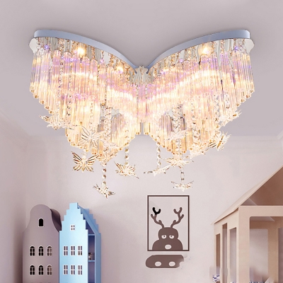 Butterfly LED Chandelier Girls Bedroom Hanging Crystal Flush Mount Light in White