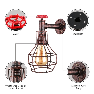 Dark Copper Single Light Wire Cage Pipe LED Wall Lantern