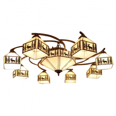 Elk&Woods Designed Square Shade Semi Flush Light with Octagonal Middle Shade in Lodge Style
