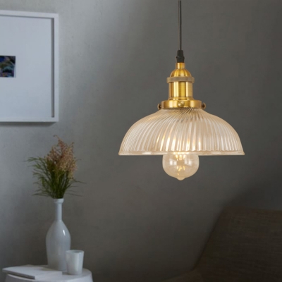 Industrial Semicircle Pendant Light Ribbed Glass 1 Bulb Drop Light in Brass/Copper for Dining Room