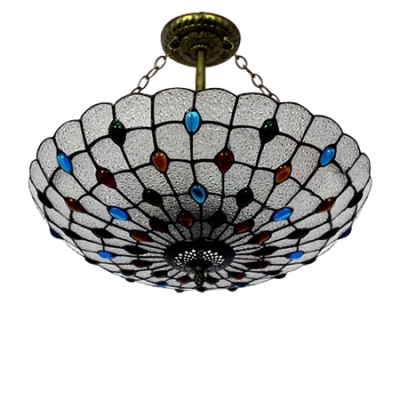 Multicolored Jewels Accent Frosted Glass Hanging Light Fixture with Peacock Tail Bowl Shade