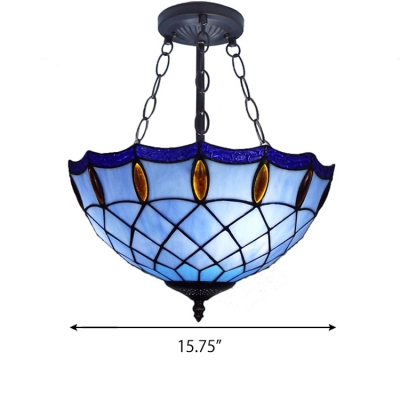 Tiffany Amber Jewels Accented Blue Bowl Shade Hanging Light in Matte Black Finish 15.75