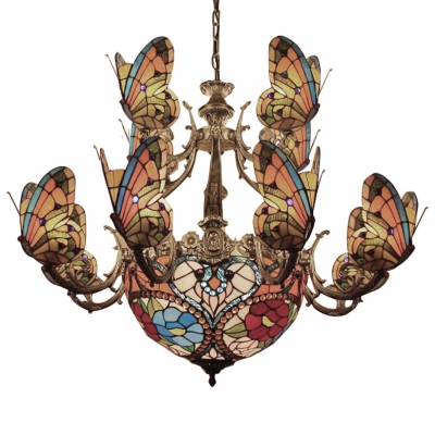 Tiffany Stained Glass 2-Tier Butterfly Shade Chandelier with Floral Center Bowl 38.58