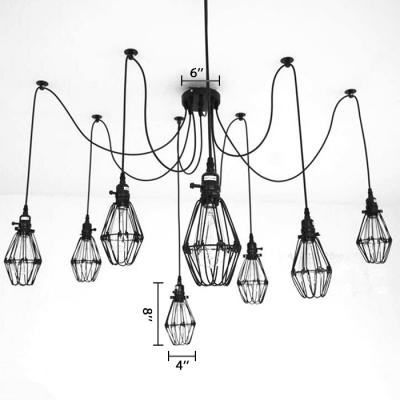 Wire Guard 8 Light Pendant Metal Black Spider Chandelier for Living Room Cafe Clothes Stores