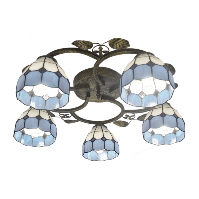 Blue&White Checkered Mediterranean Flush Mount Light with Dome Shades and Leaf Decorations