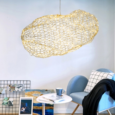 Indoor Decorative Bright LED Light Metal Mesh Chandelier in Gold Height Adjustable Restaurant Bar Cafe Pendant Lighting (Warm White)