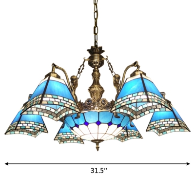 Nautical Style Blue Checkered Square Shade Center Bowl Chandelier with Mermaid Arms