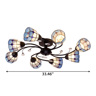 Orange/Blue Checkered Tiffany Glass Shade Ambient Light Semi Flush Mount with Crystal Decorations