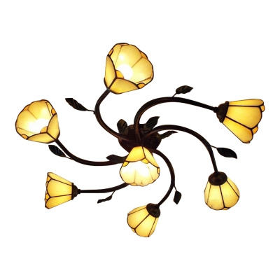 7-Bulb Style Ambient Light Yellow Flower Semi Flush Ceiling Light with Branch Shaped Arms