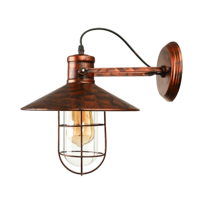 Antique Copper 1 Lt Wall Sconce with Cage in Nautical Industrial Style for Barn Balcony Porch