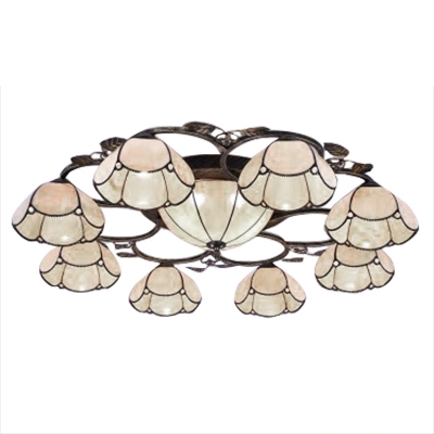 Nature Inspired Blue/Yellow Flower Shade Flush Mount Ceiling Light with Center Bowl for Living Room