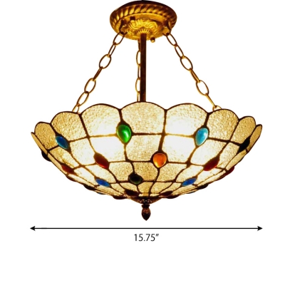 Multicolored Jewels Accent Frosted Glass Hanging Light Fixture with Peacock Tail Bowl Shade