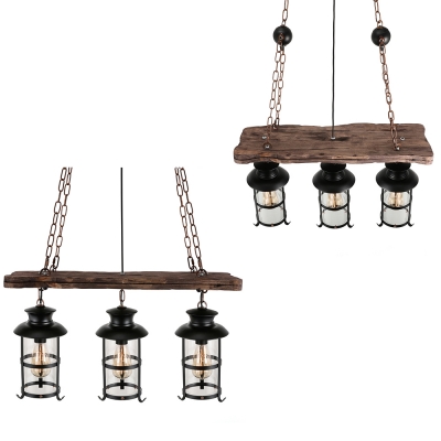 Nautical Wrought Iron Multi Light Pendant Industrial Wood 3 Light Island Pendant with Wire Guard in Black