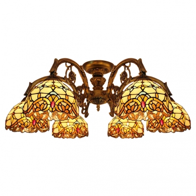 Victorian Style Living Room Tiffany Stained Glass Multi-Light Ceiling Fixture in Historic Brass Finish