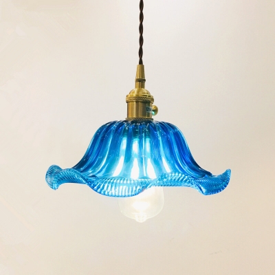 Vintage Style Ceiling Pendant 1 Light With Blue Glass Floral Shade