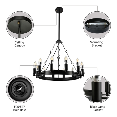 Wrought Iron 12 Light Chandelier in Industrial Style Black Finish Round Pendant Light for Restaurant Farmhouse