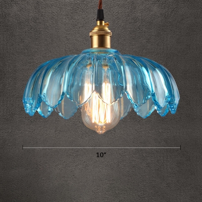 Ceiling Pendant Single Light with Blue Glass Floral Shade in Brass for Restaurant Cafe (3 Sizes for Choice)