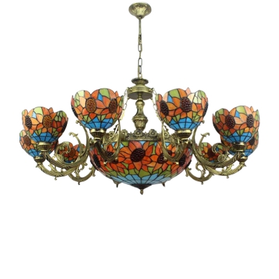 Sunflower Pattern Tiffany Stained Glass Chandelier with Wrought Iron Arms 3 Sizes for Option