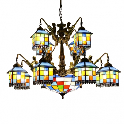 Lodge Style Tiffany Stained Glass House Designed Chandelier with Colorful Center Bowl and Mermaid Arms