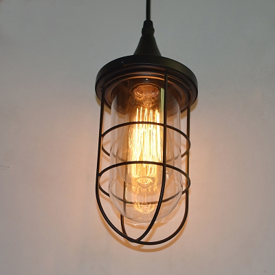 Industrial Pendant Light in Nautical Style with Metal Cage, in Black/Brass