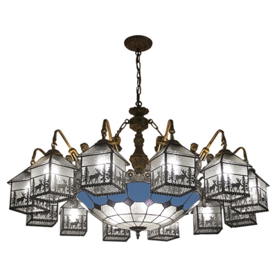Lodge Style Elk Pattern House Shape Glass Shade Chandelier with Blue Checkered Center Bowl