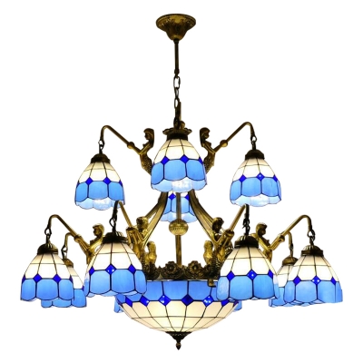 Mediterranean Style Blue&White Checkered Art Glass Chandelier with Bronze Finish Mermaid Arms