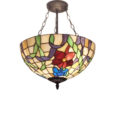 Multicolored Flower Motif Triple-Light Inverted Ceiling Pendant Light in Bronze Finish
